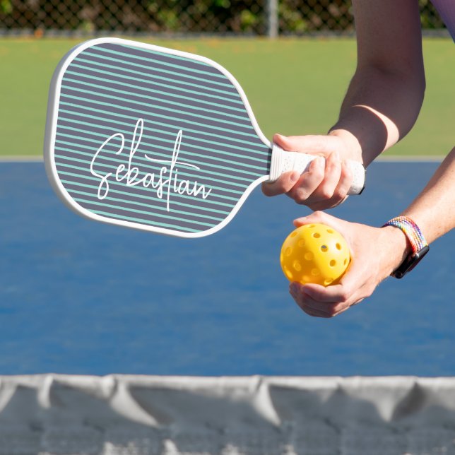 Personalized Name Blue Green Striped Pickleball Paddle (Insitu)