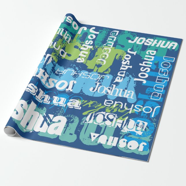 Personalized Name Blue Green Subway Art Design Wrapping Paper (Unrolled)