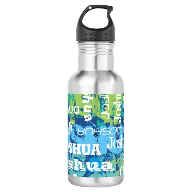 Personalized Name Blue Green Subway Art Water Bottle (Front)
