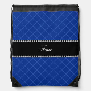 Personalized name blue grid pattern drawstring bag