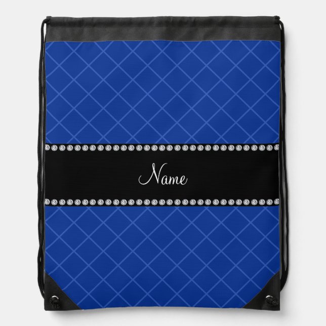 Personalized name blue grid pattern drawstring bag (Front)