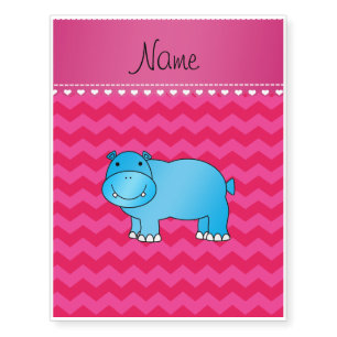 Personalized name blue hippo hot pink chevrons temporary tattoos