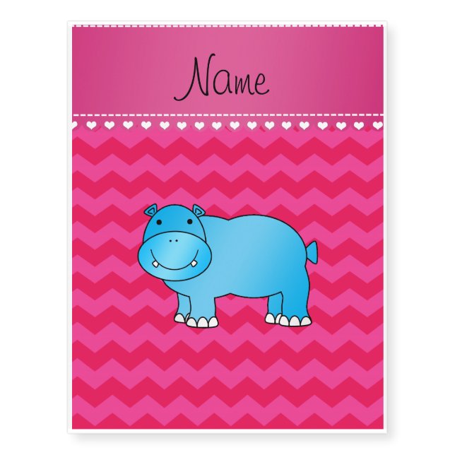 Personalized name blue hippo hot pink chevrons temporary tattoos (Front)