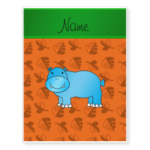 Personalized name blue hippo orange leaves temporary tattoos