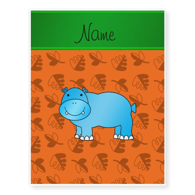 Personalized name blue hippo orange leaves temporary tattoos (Front)