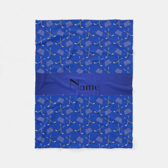 Personalized name blue hockey pattern fleece blanket