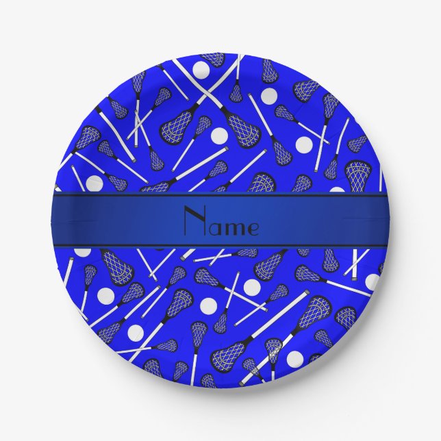 Personalized name blue lacrosse paper plates (Front)