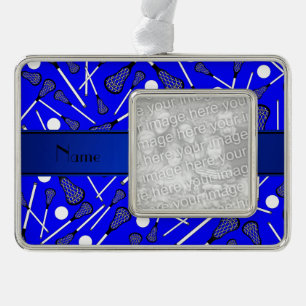 Personalized name blue lacrosse silver plated framed ornament