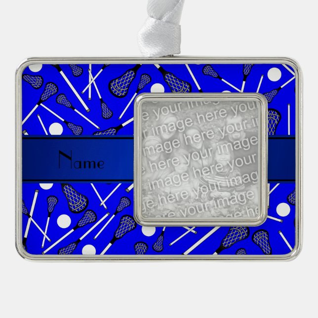Personalized name blue lacrosse silver plated framed ornament (Front)