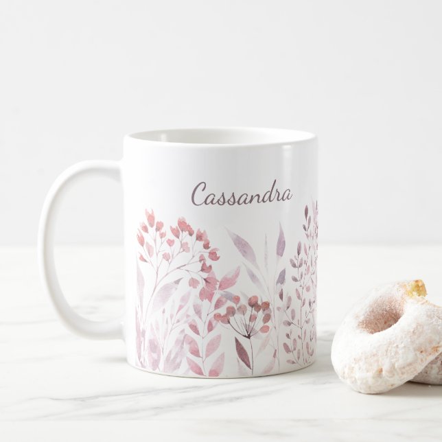 Personalized Name Blue Lavender Botanical Foliage Coffee Mug (With Donut)