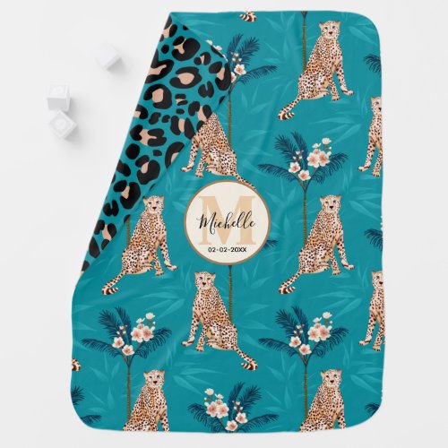 Personalized Name Blue Leopard Palm Tree Pattern Baby Blanket