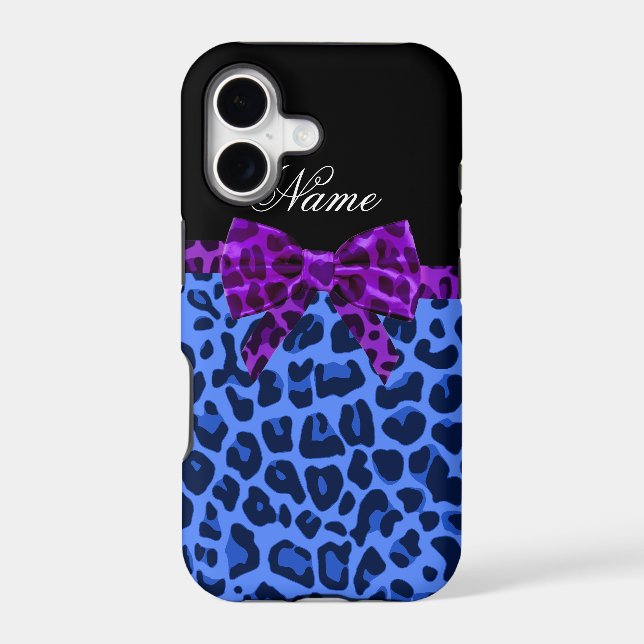 Personalized name blue leopard print purple bow iphone case (Back)
