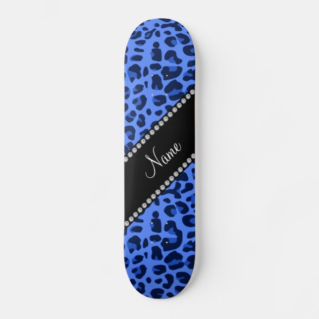 Personalized name blue leopard print skateboard deck (Front)