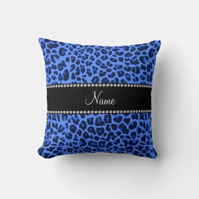 Personalized name blue leopard print throw pillow (Front)