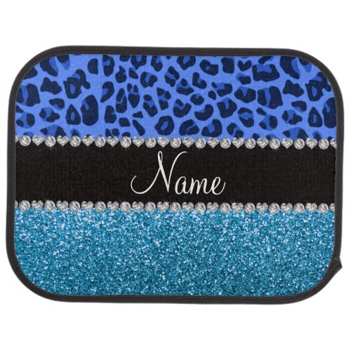 Personalized name blue leopard sky blue glitter car floor mat