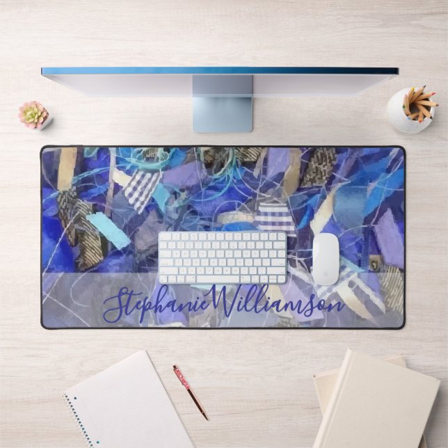Personalized Name Blue Lilac Gray Abstract Stripes Desk Mat (Office 1)