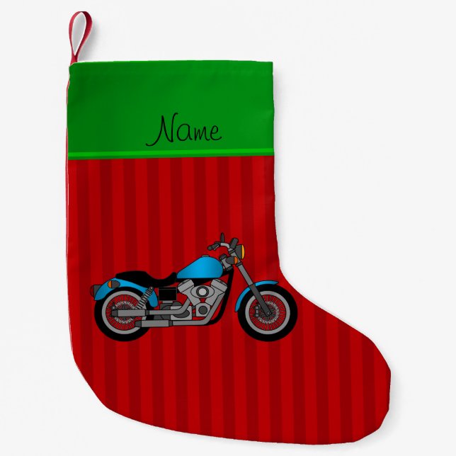 Personalized name blue motorcycle red stripes small christmas stocking (Front)