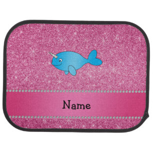 Personalized name blue narwhal pink glitter car floor mat