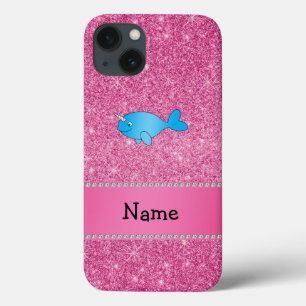 Personalized name blue narwhal pink glitter iPhone 13 case