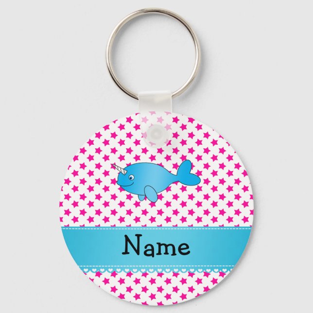Personalized name blue narwhal pink stars keychain (Front)