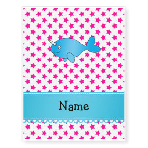 Personalized name blue narwhal pink stars temporary tattoos