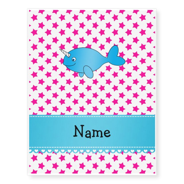 Personalized name blue narwhal pink stars temporary tattoos (Front)