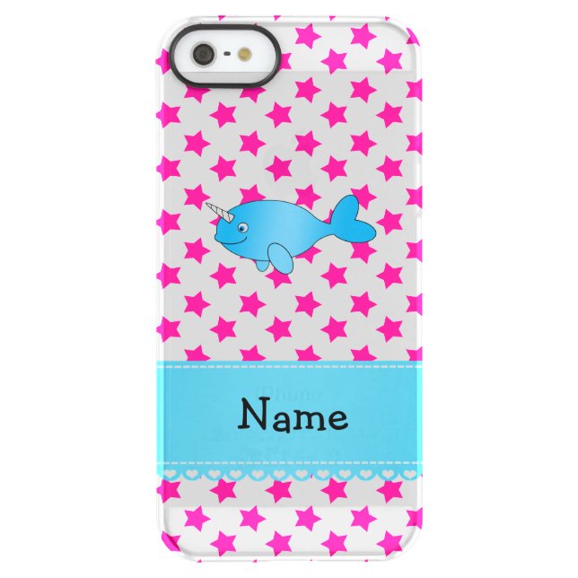Personalized name blue narwhal pink stars uncommon iPhone case (Back)