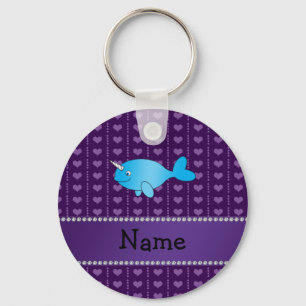 Personalized name blue narwhal purple hearts keychain