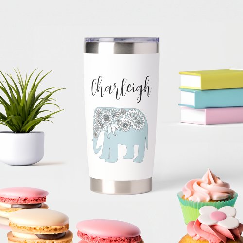 Personalized Name Blue Paisley Elephant Insulated Tumbler