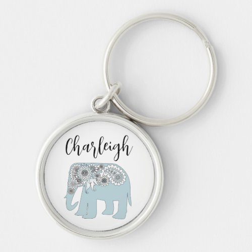 Personalized Name Blue Paisley Elephant Keychain