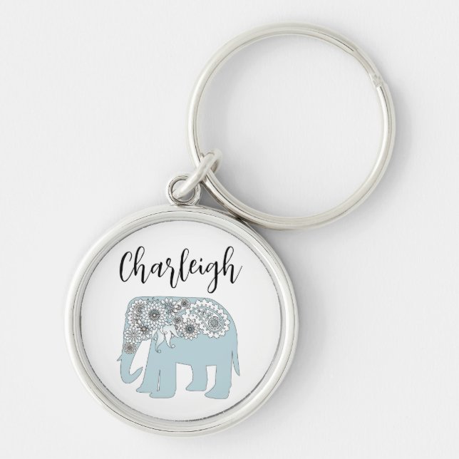 Personalized Name Blue Paisley Elephant Keychain (Front)