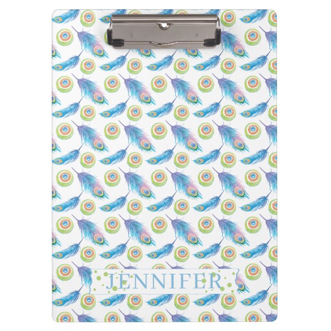 Personalized Name Blue Peacock Feathers Background Clipboard (Front)