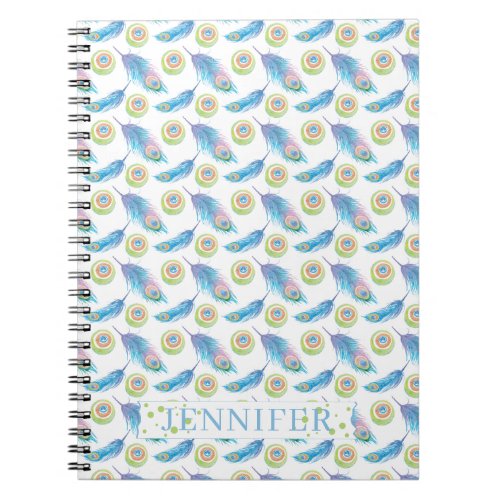 Personalized Name Blue Peacock Feathers Background Notebook