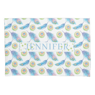Personalized Name Blue Peacock Feathers Background Pillow Case