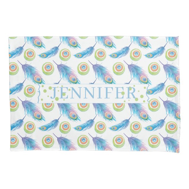Personalized Name Blue Peacock Feathers Background Pillow Case (Front)