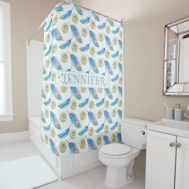 Personalized Name Blue Peacock Feathers Background Shower Curtain (In Situ)