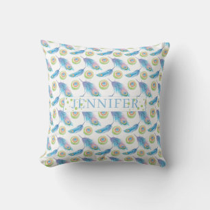Personalized Name Blue Peacock Feathers Background Throw Pillow