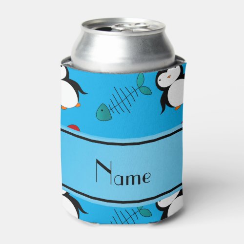 Personalized name blue penguins igloo fish squid can cooler