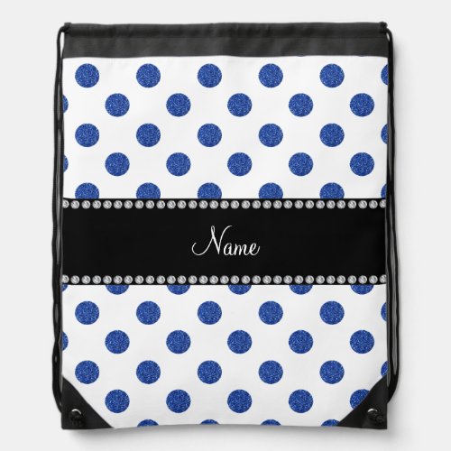 Personalized name blue polka dots drawstring bag