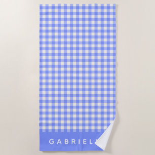 Personalized Name Blue Purple Gingham Plaid Retro Beach Towel