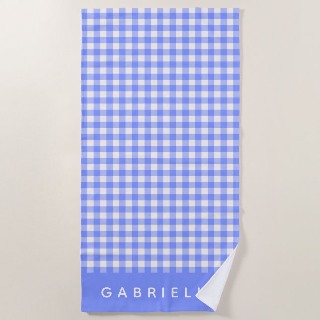 Personalized Name Blue Purple Gingham Plaid Retro Beach Towel (Front)