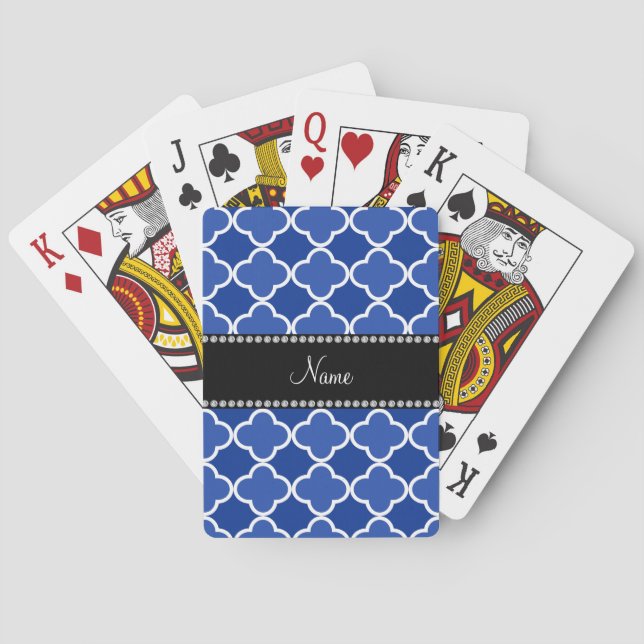 Personalized name blue quatrefoil pattern poker cards (Back)