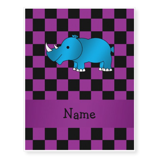 Personalized name blue rhino purple checkers temporary tattoos (Front)