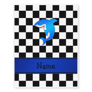 Personalized name blue shark black white checkers temporary tattoos