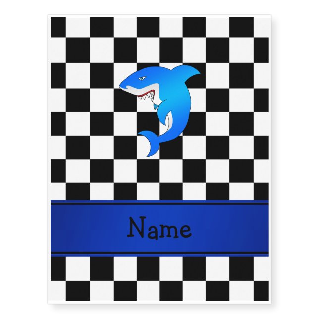 Personalized name blue shark black white checkers temporary tattoos (Front)