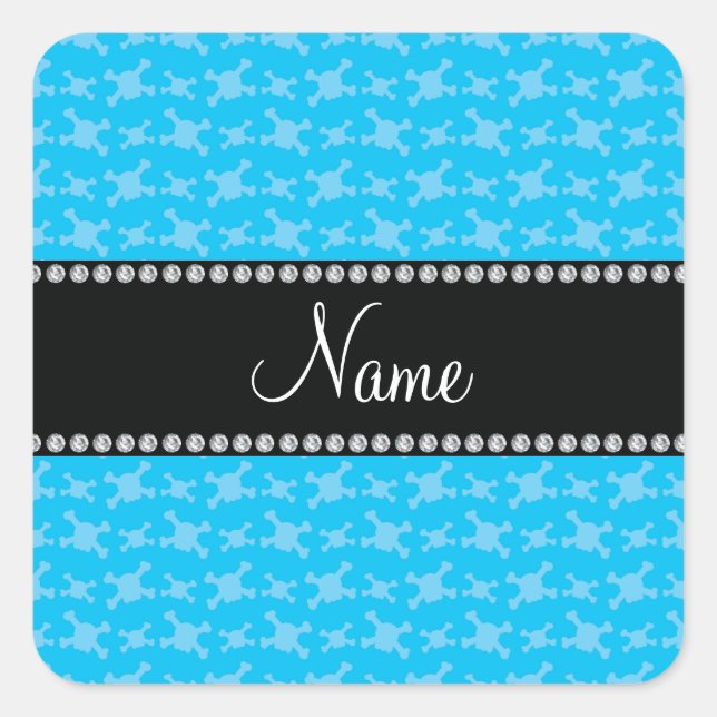 Personalized name blue skulls pattern square sticker (Front)