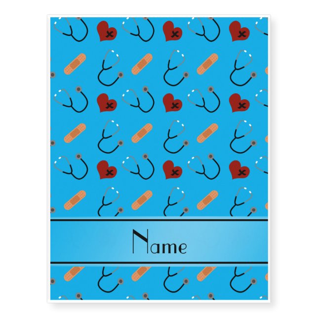 Personalized name blue stethoscope bandage hearts temporary tattoos (Front)