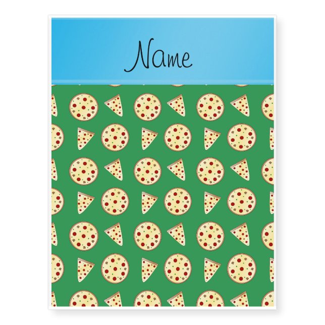 Personalized name blue stripe green pizzas temporary tattoos (Front)