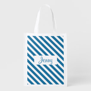 Personalized name blue stripe grocery bag
