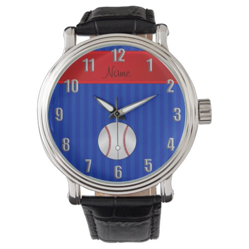 Personalized name blue stripes baseball watch